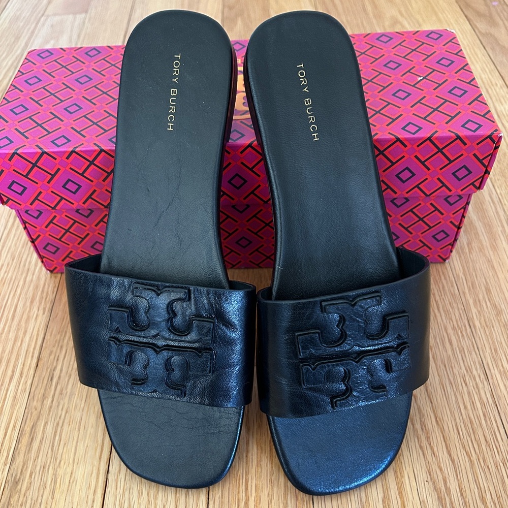 Tory Burch Double Stack Logo Slide Leather Sandals in black